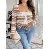 imageFloerns Womens Plus Size Striped Tie Front Long Sleeve V Neck Cardigan SweaterBrown and White