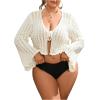 imageFloerns Womens Plus Size V Neck Long Flounce Sleeve Tie Front Knit Crop CardiganApricot