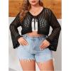 imageFloerns Womens Plus Size V Neck Long Flounce Sleeve Tie Front Knit Crop CardiganBlack Solid