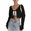 imageFloerns Womens Solid Self Tie Front Long Sleeve Drop Shoulder Cardigan Crop TopBlack