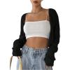 imageFloerns Womens Solid Self Tie Front Long Sleeve Drop Shoulder Cardigan Crop TopBlack