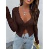 imageFloerns Womens Tie Front Lettuce Trim V Neck Long Sleeve Cardigan Crop TopA Brown