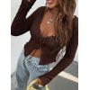 imageFloerns Womens Tie Front Lettuce Trim V Neck Long Sleeve Cardigan Crop TopA Brown