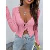 imageFloerns Womens Tie Front Lettuce Trim V Neck Long Sleeve Cardigan Crop TopLight Pink