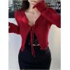 imageFloerns Womens Tie Front Long Sleeve Rib Knit Shrug Sweaters Cardigan Crop TopRed Solid