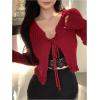 imageFloerns Womens Tie Front Long Sleeve Rib Knit Shrug Sweaters Cardigan Crop TopRed Solid