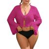 imageFloerns Womens Plus Size V Neck Long Flounce Sleeve Tie Front Knit Crop CardiganHot Pink