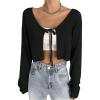 imageFloerns Womens Solid Self Tie Front Long Sleeve Drop Shoulder Cardigan Crop TopBlack