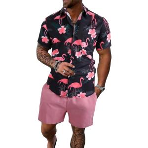 imageFloerns Mens Two Piece Outfit Printed Shirt Top and Drawstring Waist Shorts SetBlack Flamingo Multi