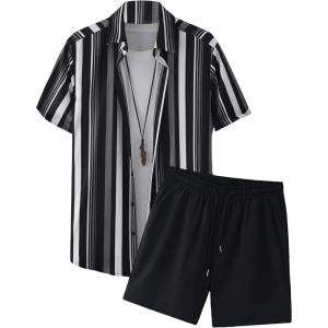 imageFloerns Mens Two Piece Outfit Printed Shirt Top and Drawstring Waist Shorts SetBlack Grey Multi