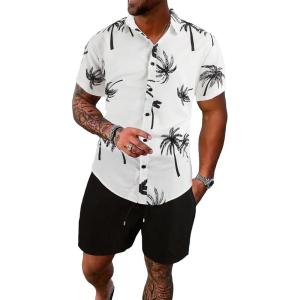 imageFloerns Mens Two Piece Outfit Printed Shirt Top and Drawstring Waist Shorts SetBlack White Tree