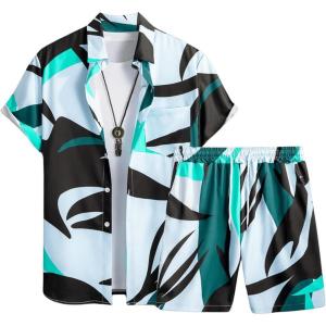 imageFloerns Mens Two Piece Outfit Printed Shirt Top and Drawstring Waist Shorts SetBlack and Blue