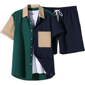 imageFloerns Mens Two Piece Outfit Printed Shirt Top and Drawstring Waist Shorts SetDark Green
