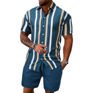 imageFloerns Mens Two Piece Outfit Printed Shirt Top and Drawstring Waist Shorts SetForest Green White