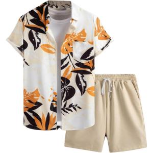imageFloerns Mens Two Piece Outfit Printed Shirt Top and Drawstring Waist Shorts SetKhaki Plant