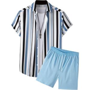 imageFloerns Mens Two Piece Outfit Printed Shirt Top and Drawstring Waist Shorts SetLight Blue Striped