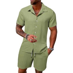 imageFloerns Mens Two Piece Outfit Printed Shirt Top and Drawstring Waist Shorts SetPale Green