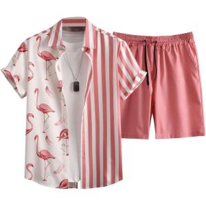 imageFloerns Mens Two Piece Outfit Printed Shirt Top and Drawstring Waist Shorts SetPink Flamingo