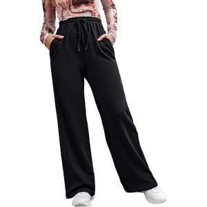 imageFloerns Womens Causal Drawstring High Waist Baggy Straight Wide Leg Sweatpants with PocketsBlack