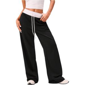 imageFloerns Womens Causal Drawstring High Waist Baggy Straight Wide Leg Sweatpants with PocketsBlack Colorblock