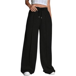 imageFloerns Womens Causal Drawstring High Waist Baggy Straight Wide Leg Sweatpants with PocketsBlack Solid