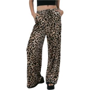 imageFloerns Womens Causal Drawstring High Waist Baggy Straight Wide Leg Sweatpants with PocketsBrown Multi