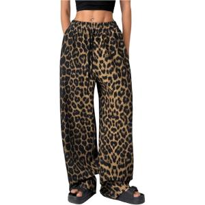 imageFloerns Womens Causal Drawstring High Waist Baggy Straight Wide Leg Sweatpants with PocketsBrownleopard