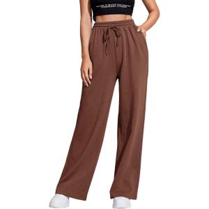 imageFloerns Womens Causal Drawstring High Waist Baggy Straight Wide Leg Sweatpants with PocketsCoffee Brown