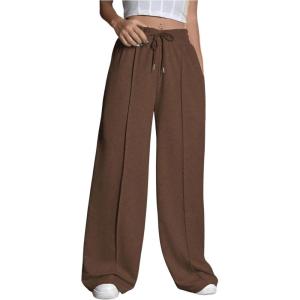 imageFloerns Womens Causal Drawstring High Waist Baggy Straight Wide Leg Sweatpants with PocketsCoffee Brown Solid