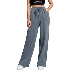 imageFloerns Womens Causal Drawstring High Waist Baggy Straight Wide Leg Sweatpants with PocketsDark Grey