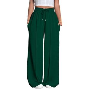 imageFloerns Womens Causal Drawstring High Waist Baggy Straight Wide Leg Sweatpants with PocketsForest Green Solid