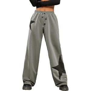 imageFloerns Womens Causal Drawstring High Waist Baggy Straight Wide Leg Sweatpants with PocketsGrey Star