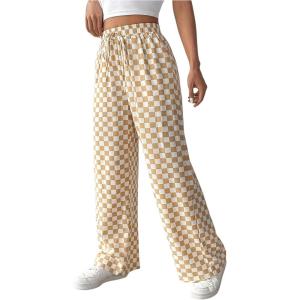 imageFloerns Womens Causal Drawstring High Waist Baggy Straight Wide Leg Sweatpants with PocketsKhaki Plaid