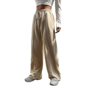 imageFloerns Womens Causal Drawstring High Waist Baggy Straight Wide Leg Sweatpants with PocketsKhaki Plain