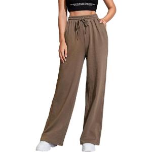 imageFloerns Womens Causal Drawstring High Waist Baggy Straight Wide Leg Sweatpants with PocketsMocha Brown