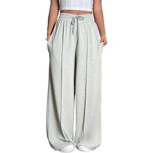 imageFloerns Womens Causal Drawstring High Waist Baggy Straight Wide Leg Sweatpants with PocketsSky Grey