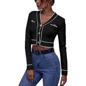 imageFloerns Womens Contrast Binding Long Sleeve V Neck Button Front Cardigan OuterwearBlack