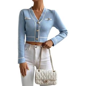imageFloerns Womens Contrast Binding Long Sleeve V Neck Button Front Cardigan OuterwearDusty Blue