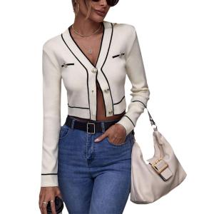 imageFloerns Womens Contrast Binding Long Sleeve V Neck Button Front Cardigan OuterwearWhite