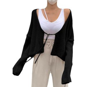 imageFloerns Womens Drop Shoulder Tie Front Cardigan V Neck Long Sleeve Solid SweaterBlack
