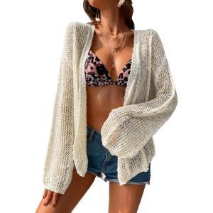 imageFloerns Womens Hollow Out Drop Shoulder Crop Cardigan Long Sleeve Tie Front Knit TopBeige