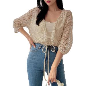 imageFloerns Womens Hollow Out Tie Front Crop Cardigan 34 Sleeve Drop Shoulder Knit TopBeige