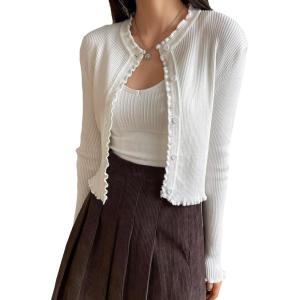 imageFloerns Womens Long Sleeve Button Front Lettuce Trim Rib Knit Cardigan SweaterWhite