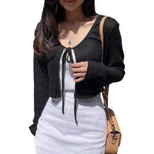 imageFloerns Womens Long Sleeve Tie Front Rib Knit Cardigan Crop TopBlack