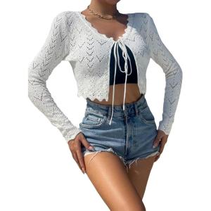 imageFloerns Womens Long Sleeve Tie Front Rib Knit Cardigan Crop TopCream White