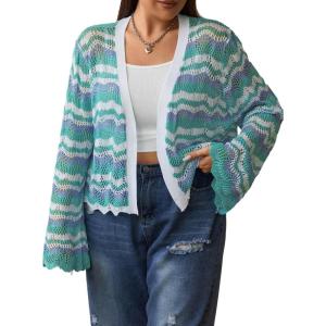 imageFloerns Womens Plus Size Allover Print Open Front Long Sleeve Cardigan TopGreen and Purple