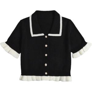 imageFloerns Womens Plus Size Contrast Trim Short Sleeve Lapel Collar CardiganBlack and White