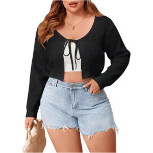 imageFloerns Womens Plus Size Long Sleeve Crop Top Tie Front Rib Knit Cardigan SweaterBlack