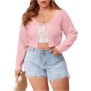 imageFloerns Womens Plus Size Long Sleeve Crop Top Tie Front Rib Knit Cardigan SweaterLight Pink
