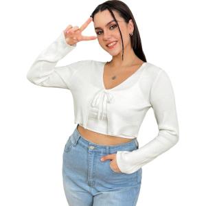 imageFloerns Womens Plus Size Solid Tie Front V Neck Long Sleeve Crop Cardigan TopWhite